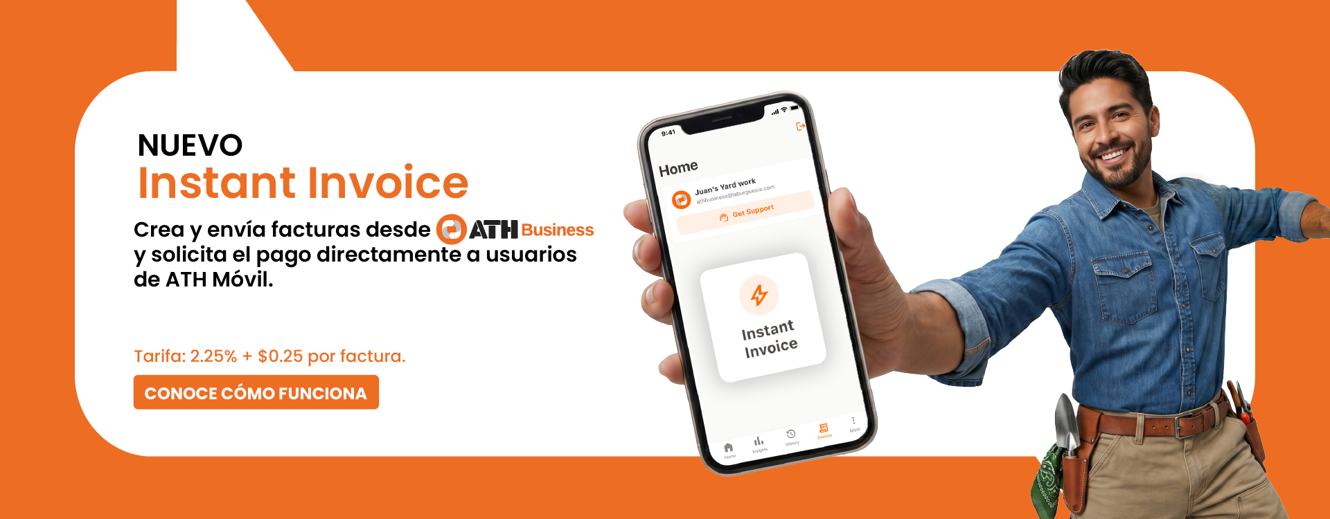 Nuevo Instant Invoice. Crea y envía facturas desde ATH Business y solicita el pago directamente a usuarios de ATH Móvil.